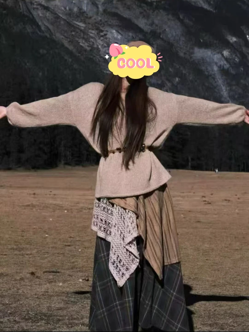 大码秋季度假慵懒风长袖上衣不规则半身裙两件套百搭99510#