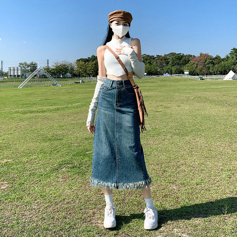 中长款牛仔半身裙流苏后开叉女2025年洋气高腰新款显瘦a字包臀裙