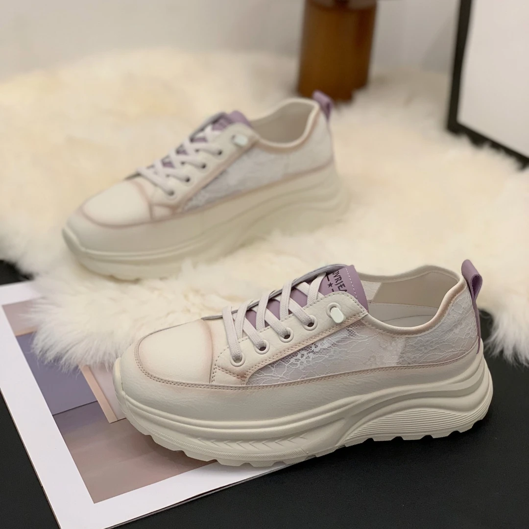 爆款蕾丝网面透气小白鞋女2025夏季新款学院风一脚蹬厚底阿甘板鞋
