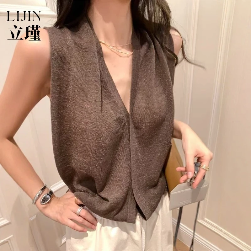 港风复古高级感棕色V领亚麻针织背心女夏季薄款外穿无袖气质上衣