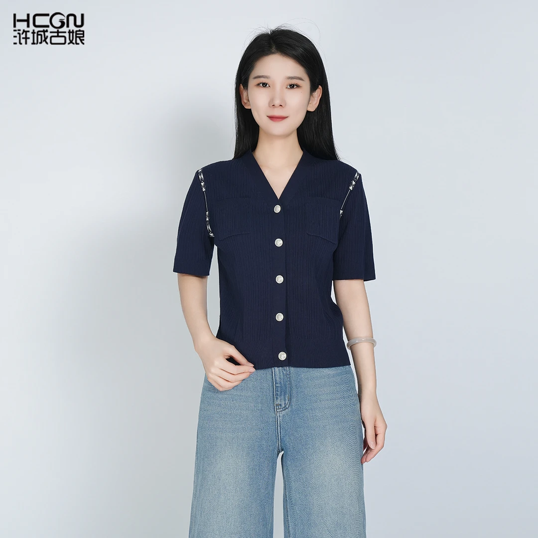 浒城古娘中国风V领舒适棉质百搭简约女短袖依瑶针织衫HBSS160019