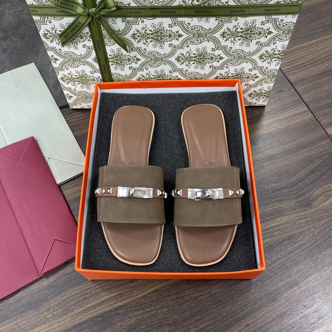 【铆钉款】真皮小香风金属扣铆钉拖鞋女外穿一脚蹬平底露趾凉拖鞋女