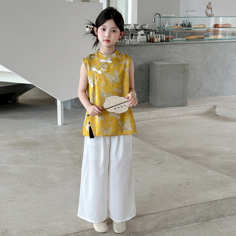 女童2025新款夏季时尚女孩新中式旗袍上衣休闲阔腿裤国风两件套潮