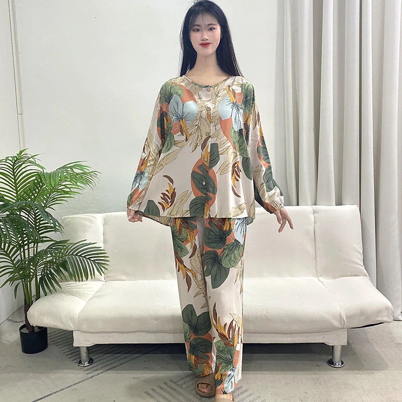 夏季薄款棉绸睡衣女士人造棉月子空调服长袖长裤居服套装Y105