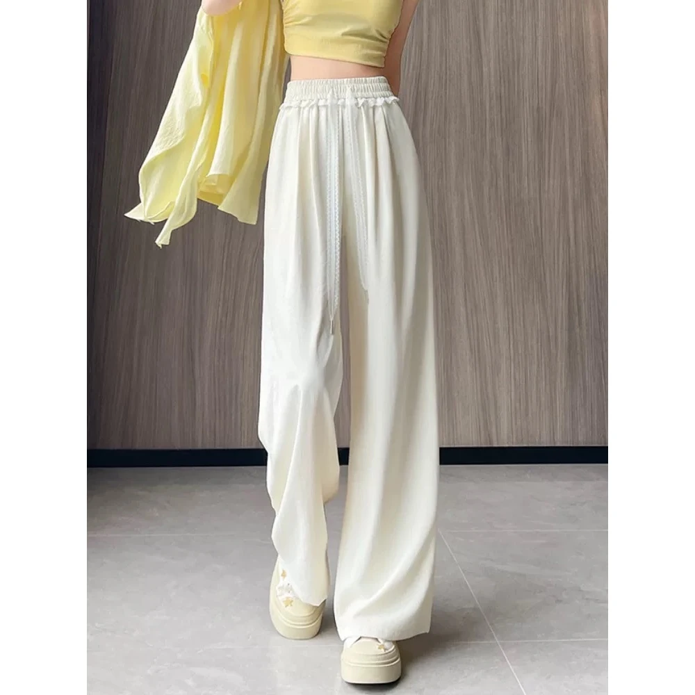 【秀宝女装】【凉凉裤】蕾丝花边抽绳冰丝阔腿休闲裤XB4423