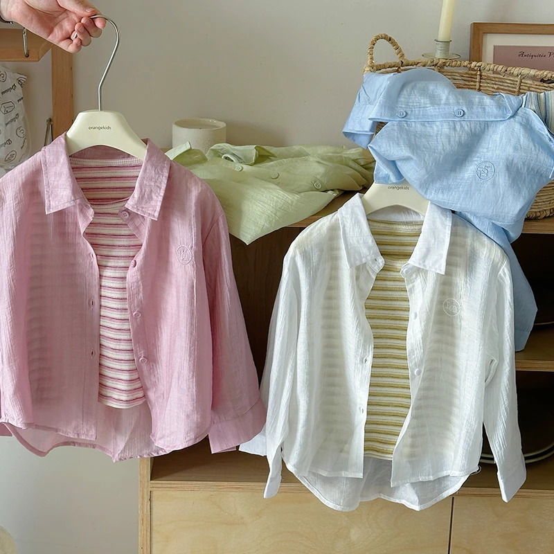 【橘子家】~女童条纹短袖T恤糖果色衬衫领防晒衣两件套HS62328