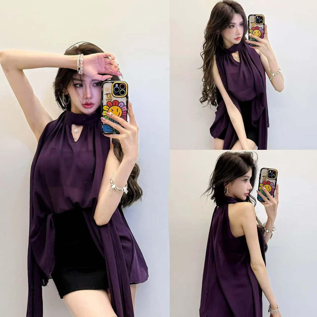 雪纺上衣法式独特超好看设计感小众紫色无袖挂脖