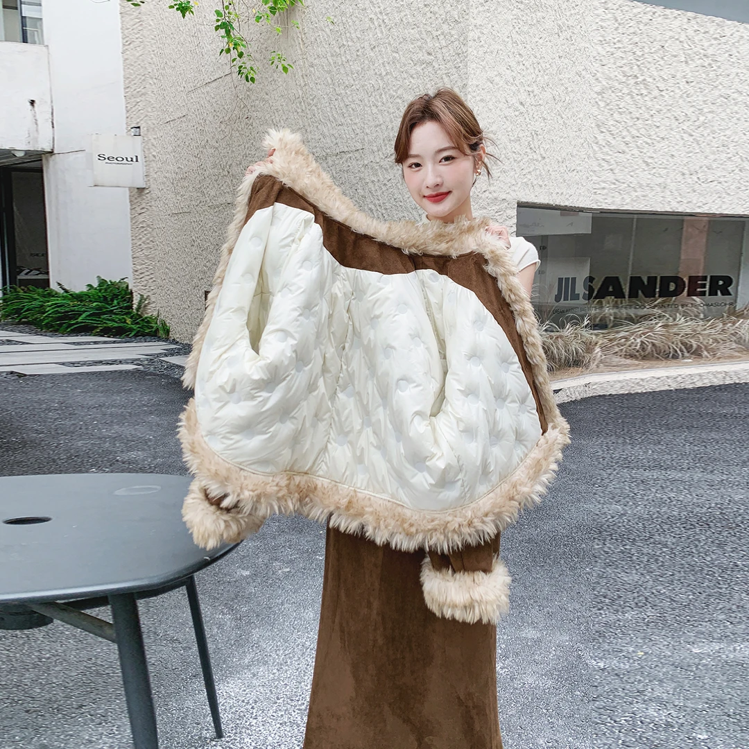 美拉德复古毛毛拼接两件套女装2025短外套女翻领时尚外套套装裙女