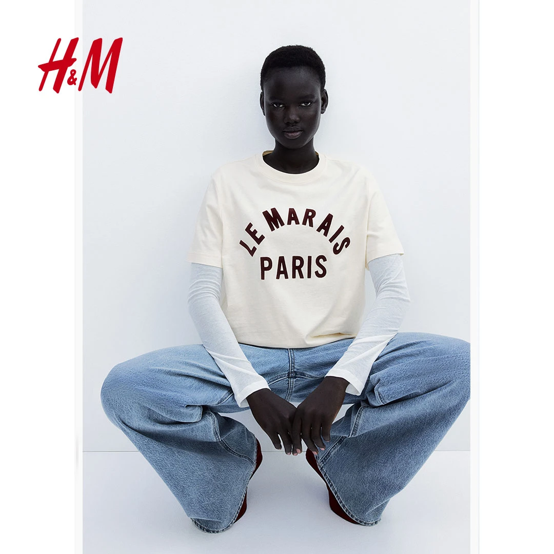 HM女士T恤2025春季新款流光风印花棉质汗布宽松短袖上衣1274171