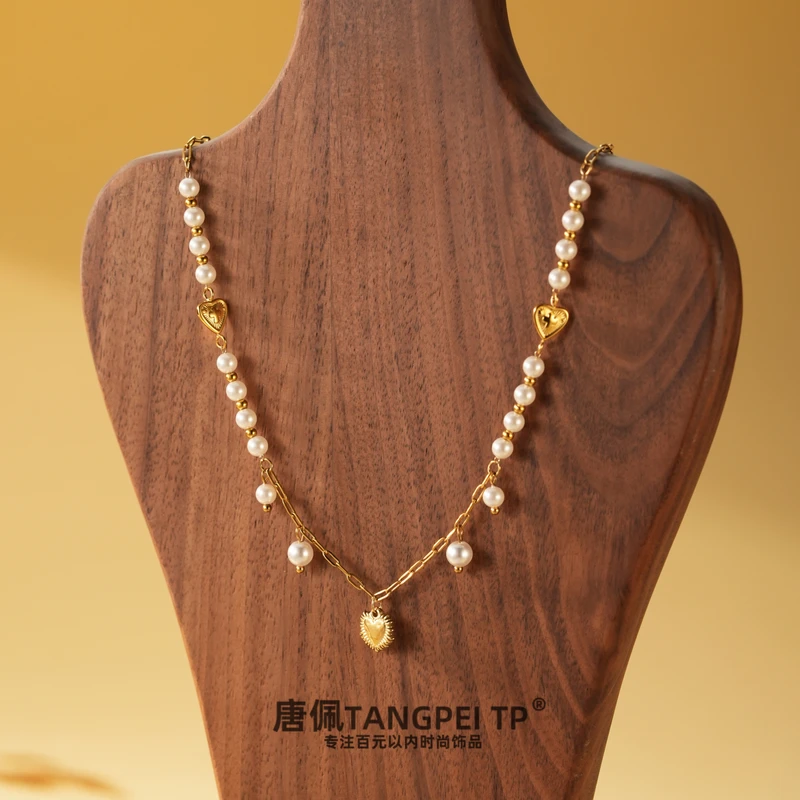 不锈钢项链 设计感繁星点点拼接串珠爱心项链法式小众时尚饰品