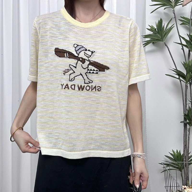 滑板小狗提花~减龄不挑人！ 正肩条纹款针织衫Y7368