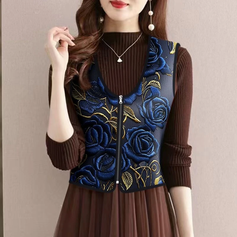 春秋季新款中老年防寒小外套薄款一体绒内搭外穿贴身拉链印花马夹