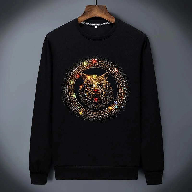 景君澜卫衣春秋男潮流休闲百搭上衣服欧美潮牌重工烫钻圆领打底衫