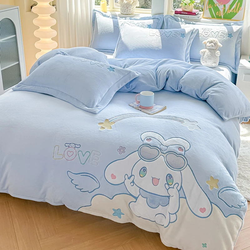 水星高端系列家纺卡通可爱玉桂狗牛奶绒四件套儿童加厚珊瑚绒被套