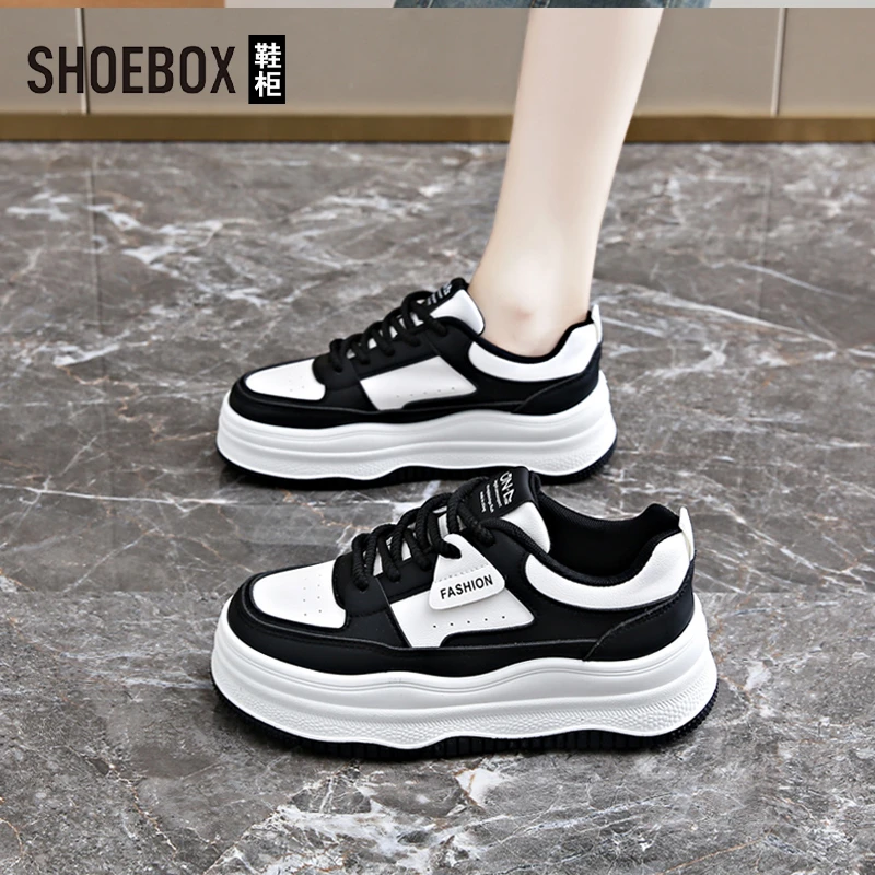 SHOEBOX鞋柜女鞋黑白熊猫板鞋女2025秋季新款皮面厚底小白鞋女