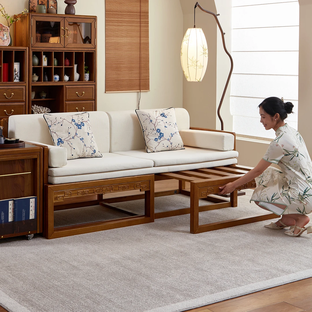 一林半舍全实木老榆木罗汉床实木伸缩推拉沙发2.12米小户型客厅