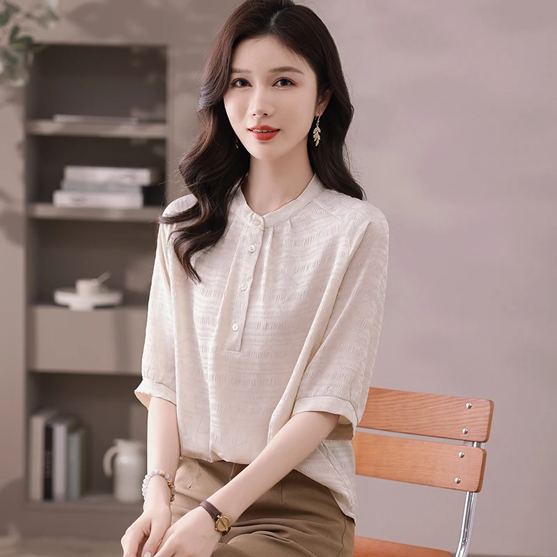 夏季新款立领真丝衬衫女士上衣宽松薄款半袖妈妈装T恤桑蚕丝衬衣