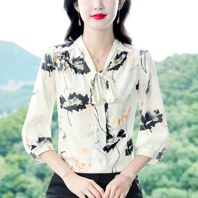 洋气雪纺衫2025新款印花缎面七分袖上衣高端妈妈小衫温婉大方衣服