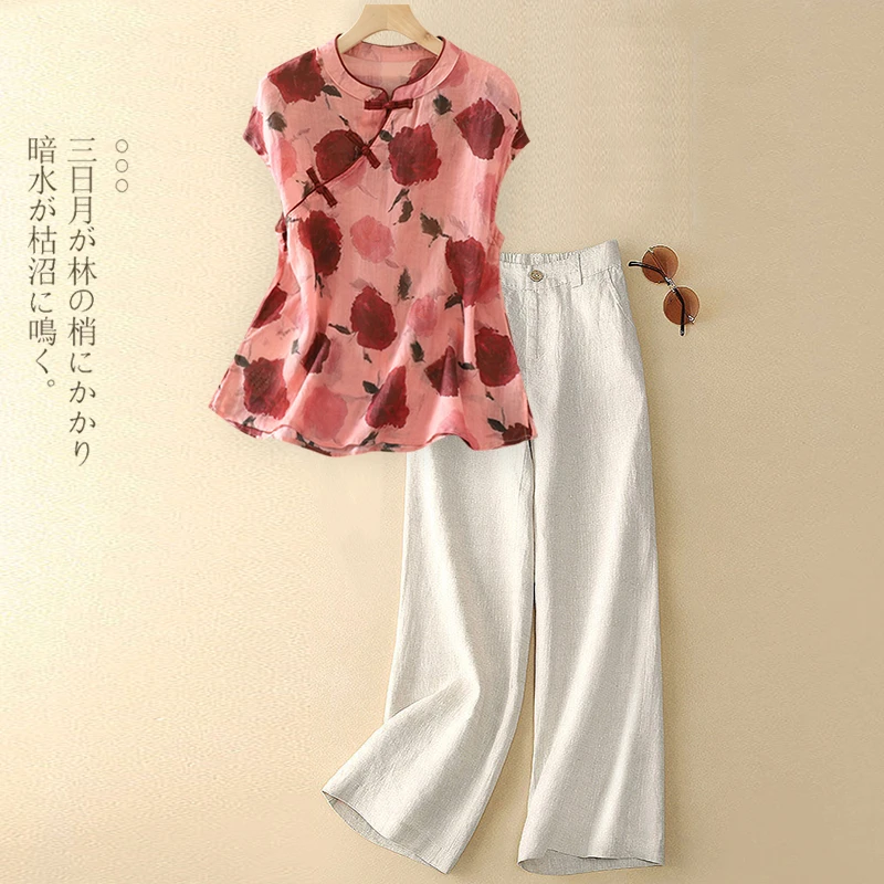 时尚亚麻盘扣套装女士妈妈夏装高端轻奢苎麻印花衬衫阔腿裤两件套
