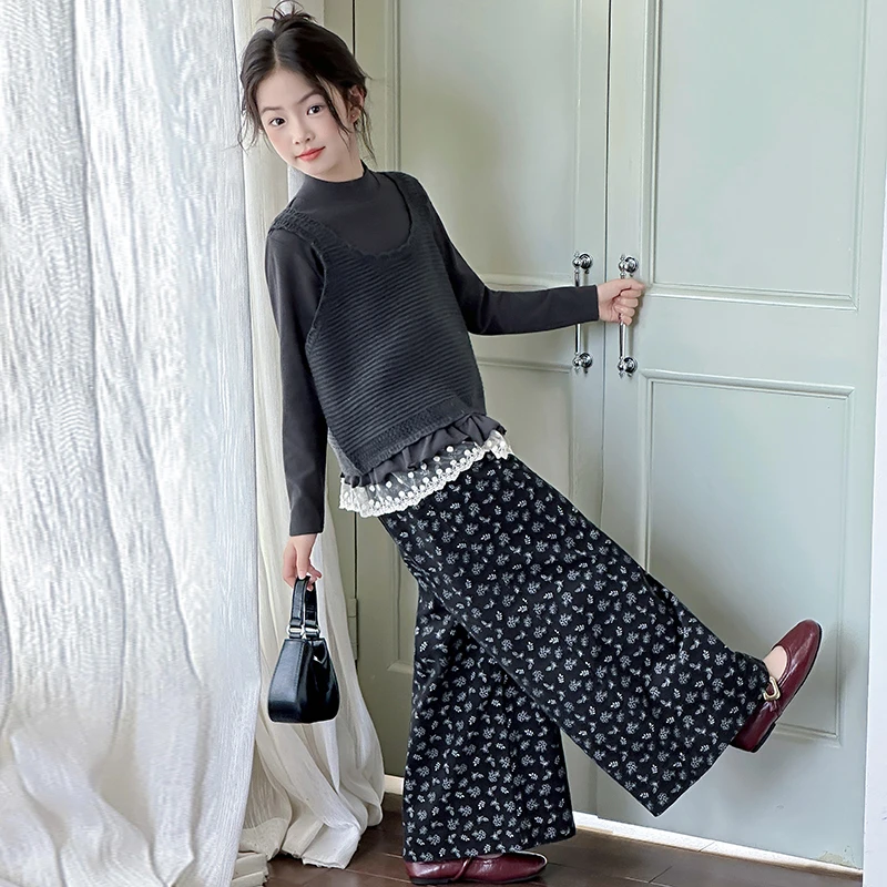 女童秋装套装2025新款洋气秋季大童小女孩儿童时髦毛衣马甲三件套