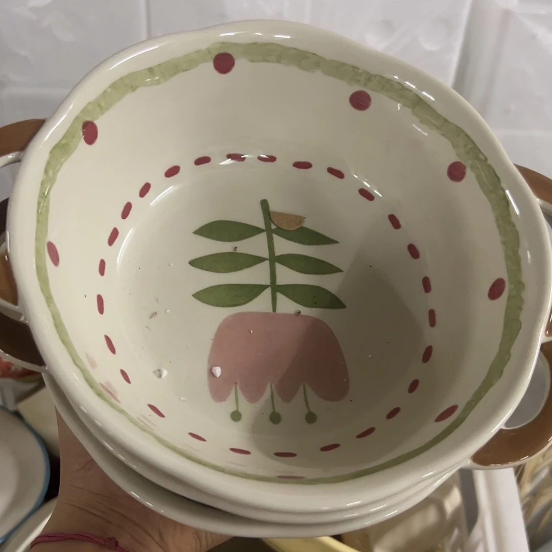 搪瓷微瑕郁金香双耳汤碗一个