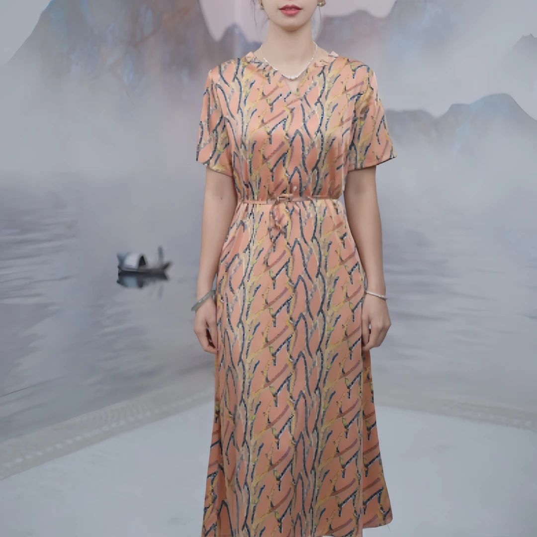 2546  夏季小V领设计感印花垂感可系带中长款女装连衣裙