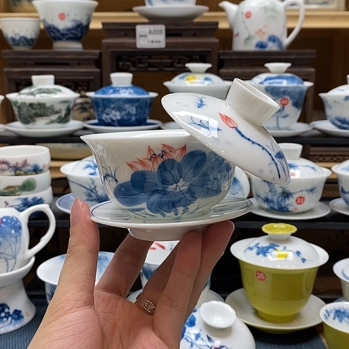 手绘荷花悬停盖碗150cc釉下彩微瑕福利款