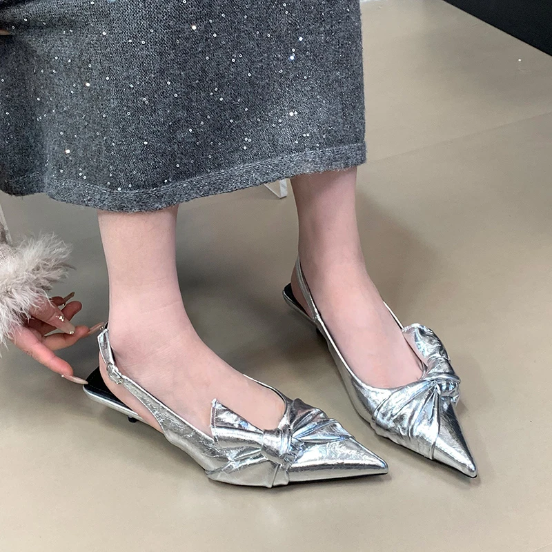 法式中跟包头凉鞋2025新款春夏季尖头时尚蝴蝶结单鞋