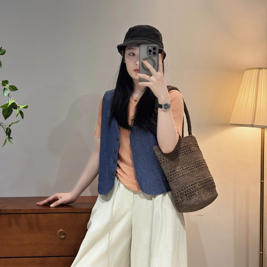 韩系休闲时尚百搭简约宽松舒适蓝色轻薄带口袋马甲-M25201362