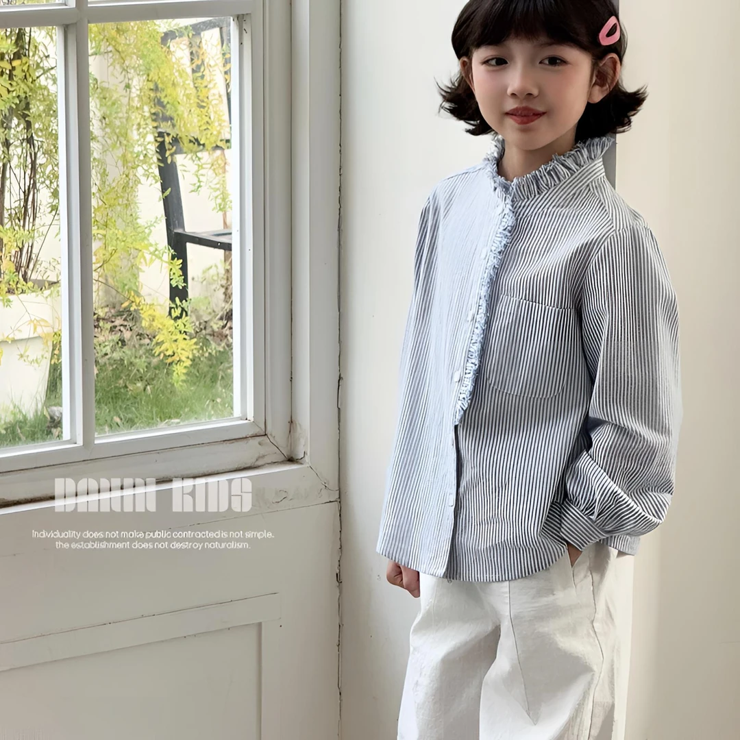 【嗒囜】女童轻奢风花边立领竖条纹衬衫儿童洋气百搭25春季长袖衬衣