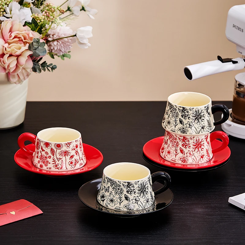 法式中古风繁花小众礼物咖啡杯碟套装陶瓷拿铁杯马克杯下午茶水杯