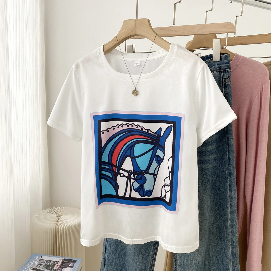 1351夏丝滑缎面冰凉感百搭时尚设计休闲女半袖T恤洋气AB拼接短袖