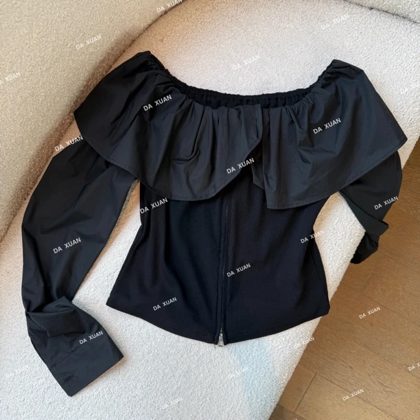/D.X/秋季新款『美少女出街』甜美荷叶领拉链长袖气质百搭上衣/D823
