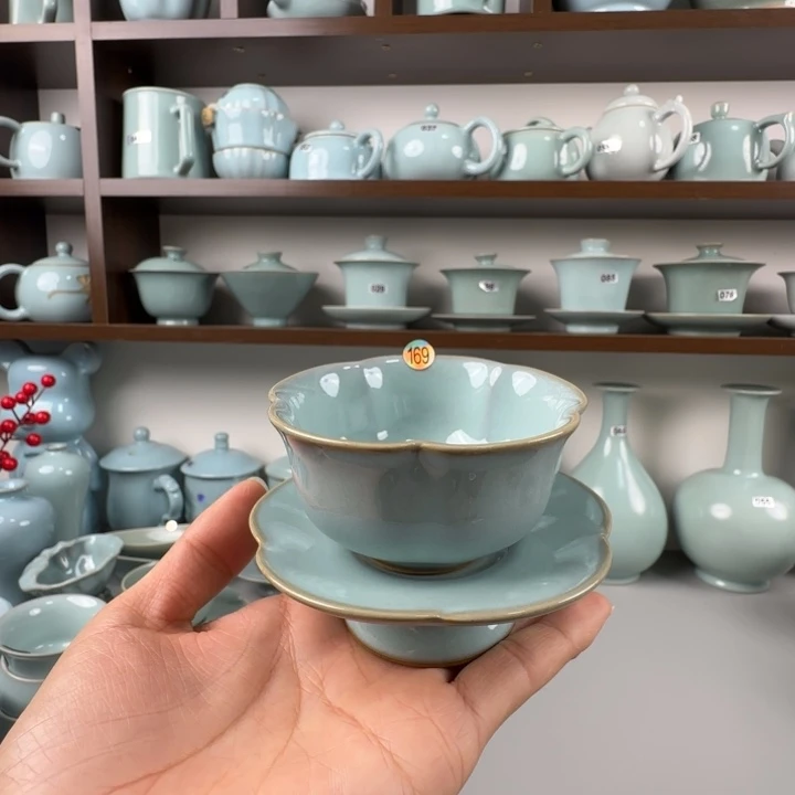 瓷片汝瓷梅花杯套盏圈足烧天青釉福利169