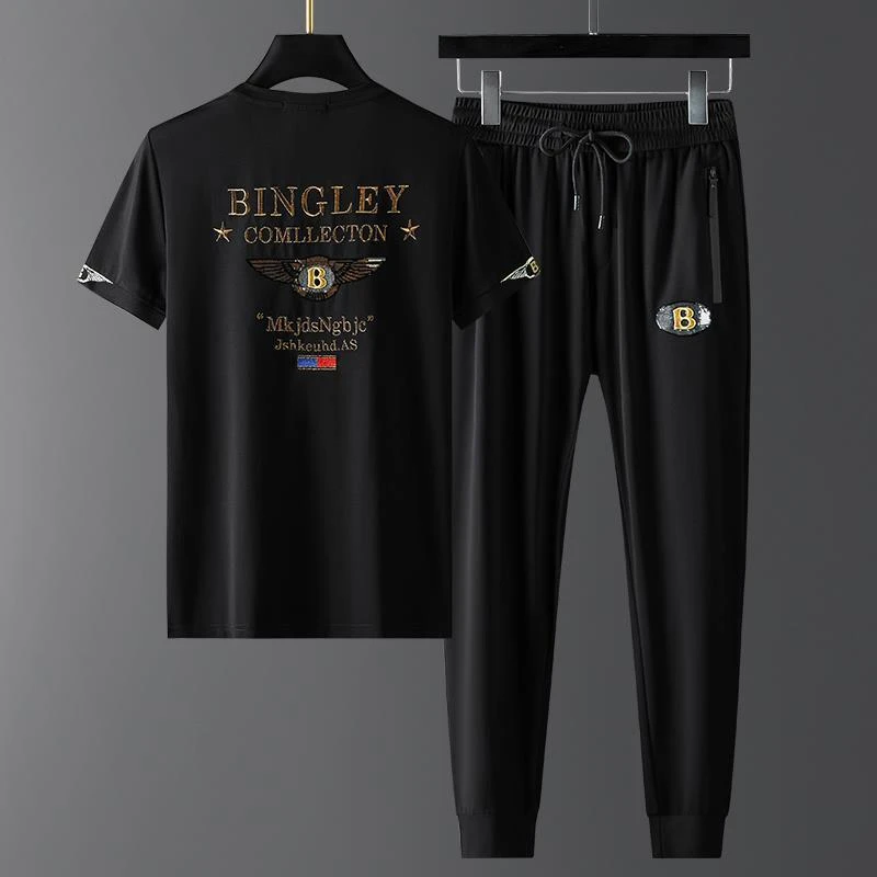 欧洲站刺绣套装男士宽松冰丝高档短袖时尚男装潮流韩版帅气夏季款