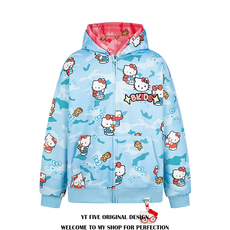 YTFIVE国潮美式迷彩凯蒂猫公仔撞色双帽开衫连帽卫衣男女宽松帽衫