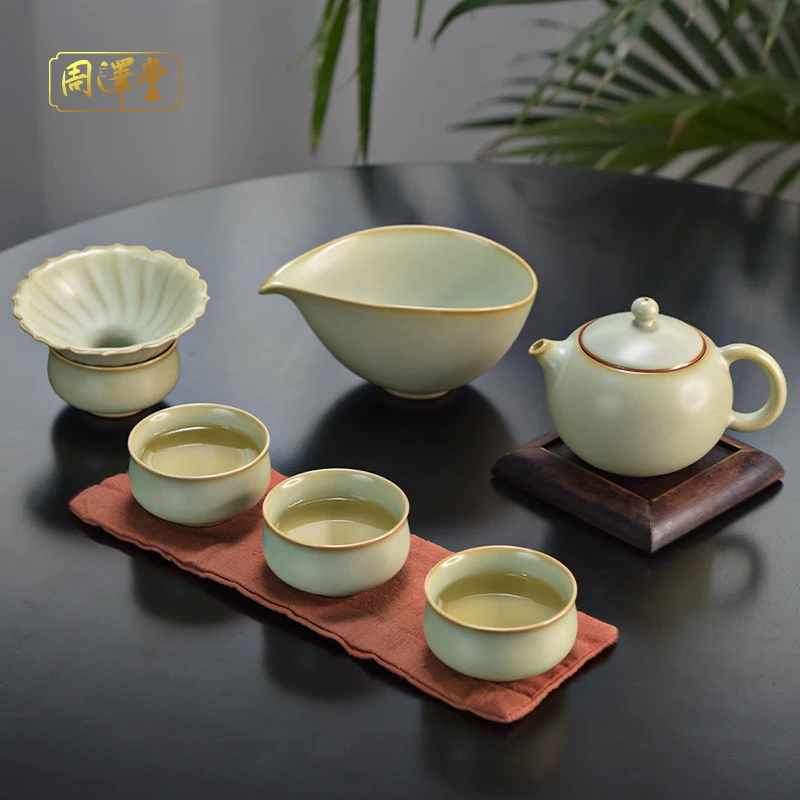 周泽堂汝官窑西施茶组茶壶套装景德镇手工陶瓷复古汝瓷礼盒青瓷