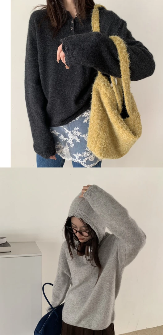 【W_ting】2025新款两色勾花边连帽羊毛衫12316