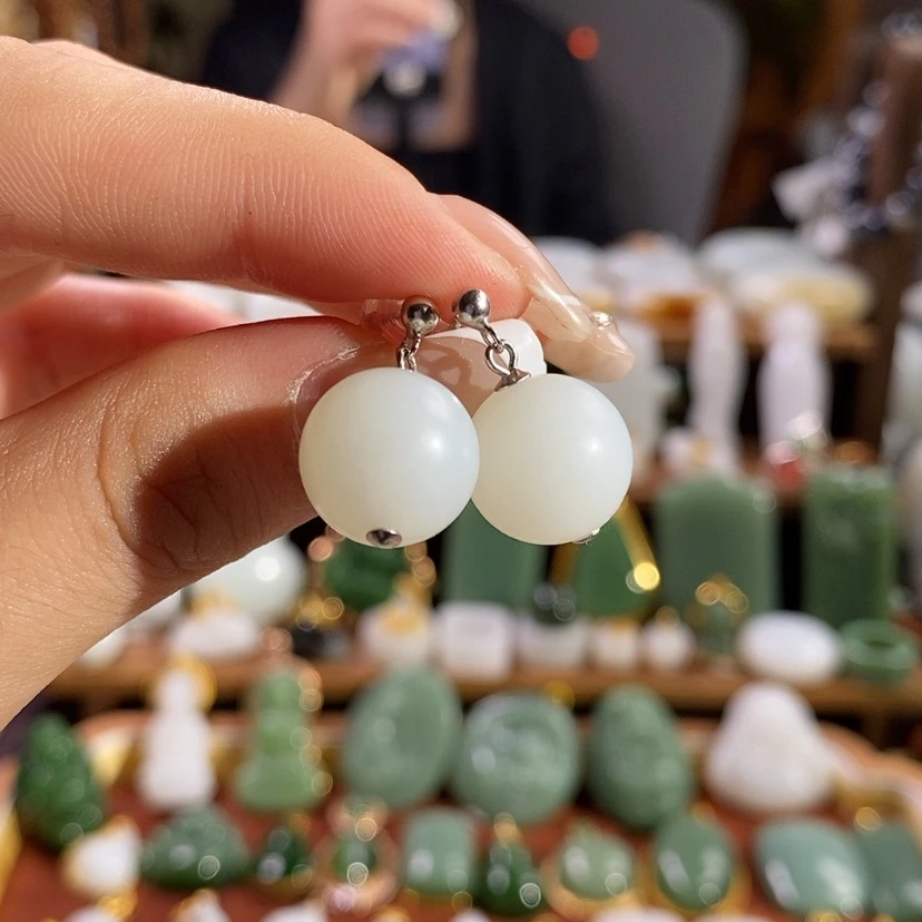 【闪购商品】吊坠(不含链)银S925镶嵌和田玉耳饰