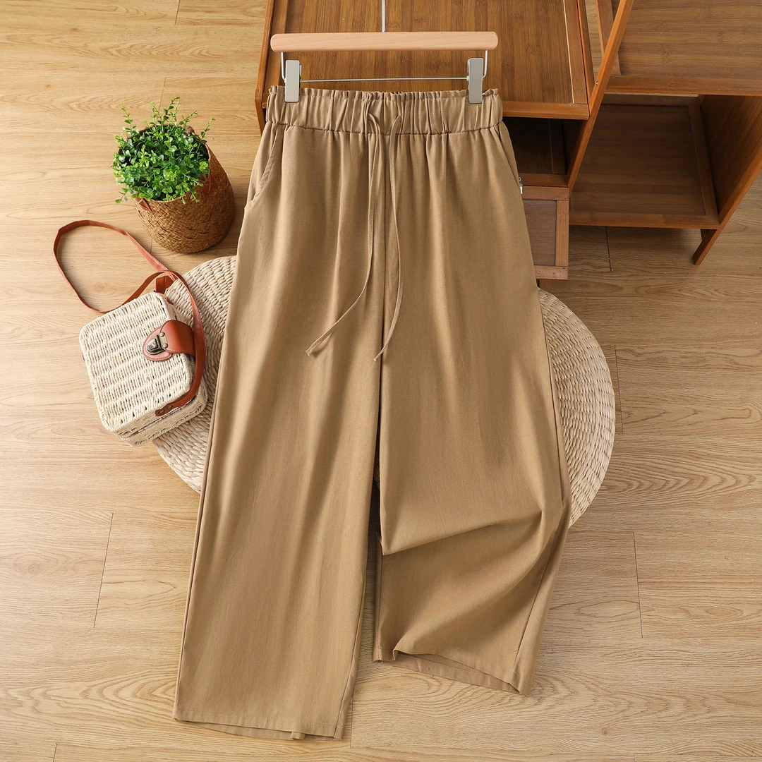 文艺复古阔腿裤女式2025夏季松紧腰显瘦裤宽松休闲百搭腿裤九分裤
