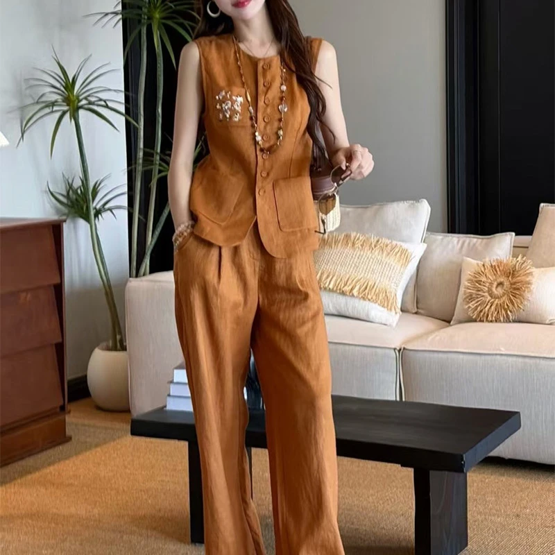 优雅慵懒~小香风亚麻干爽透气重工无袖马甲宽松阔腿长裤两件套女