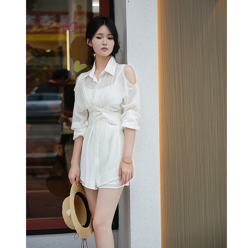 美依服2025新款镂空珍珠长袖显瘦气质纯欲风轻熟休闲时尚套装