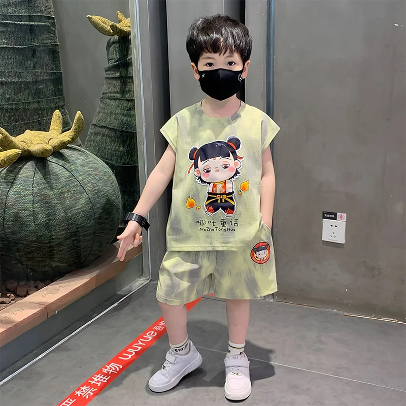 哪吒儿童服装男童夏季无袖套装2025款运动帅气男孩夏装背心两件套