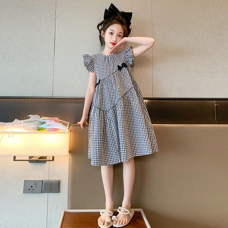 女童裙子夏2025新款大童女孩洋气童装无袖格子宽松儿童棉布连衣裙
