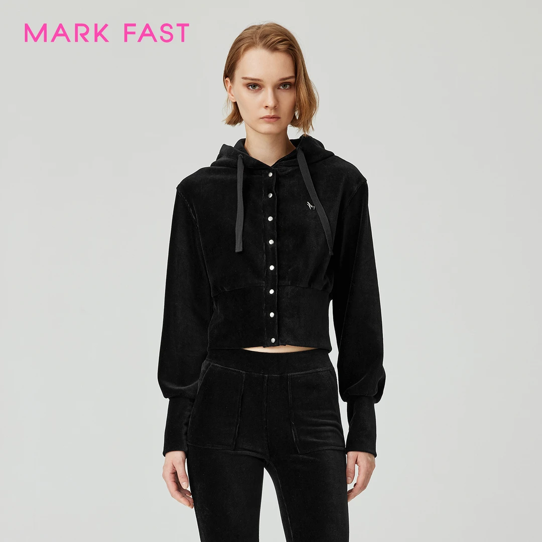MARKFAST2025秋季新品百搭连帽抽绳小怪兽丝绒卫衣外套M1FGW14100