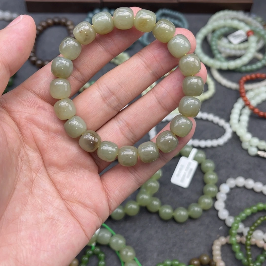 和田玉未镶嵌手串卡10糖青直切珠