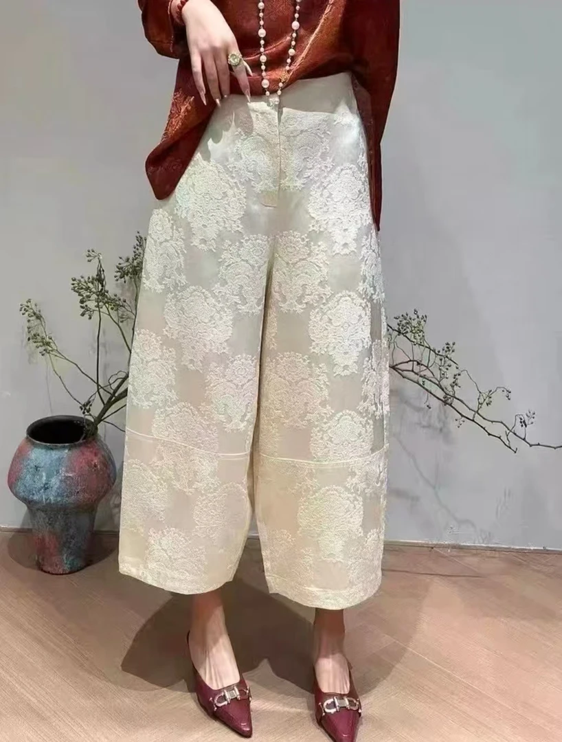新中式提花松紧腰长裤女早秋复古百搭休闲直筒裤阔腿裤子
