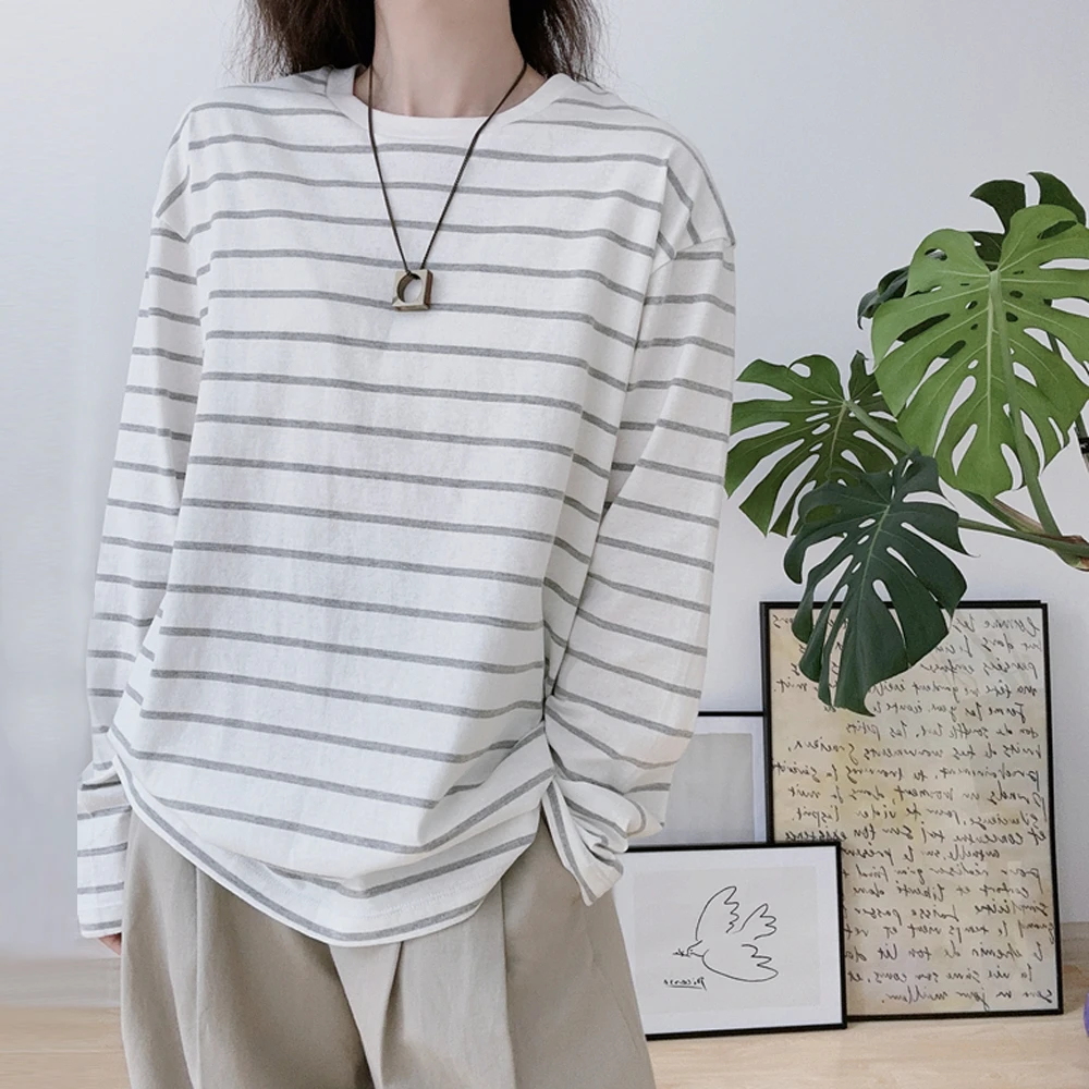 春季新款时尚洋气百搭复古韩版简约基础款拼接条纹棉质显瘦T恤潮