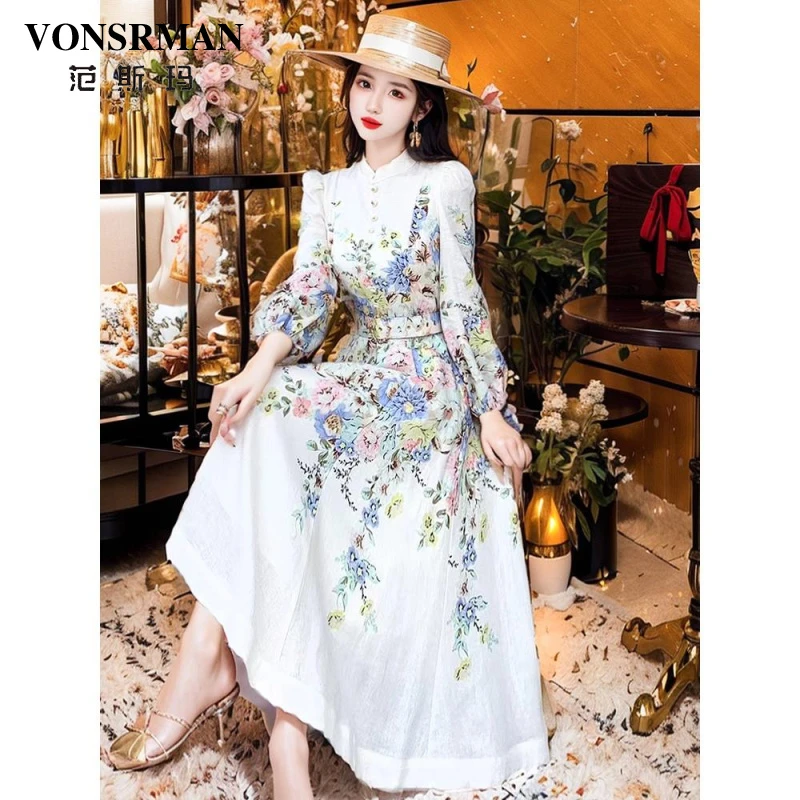 秋季法式复古气质名媛田园风精致花卉刺绣白色立领收腰大摆连衣裙
