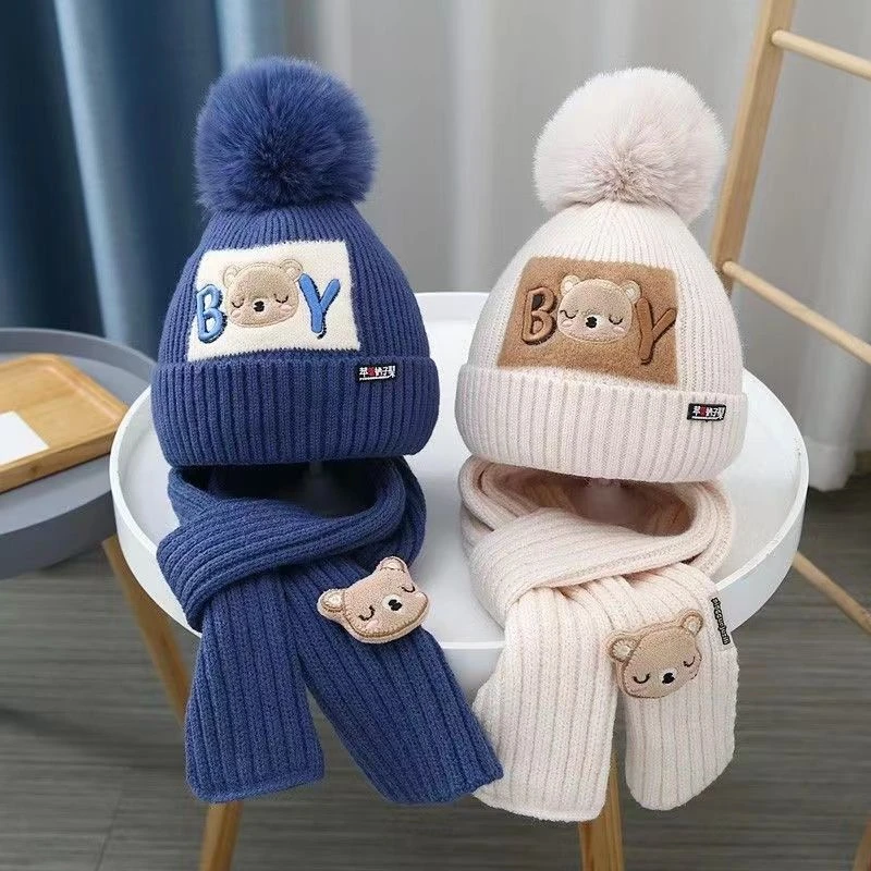 儿童帽子围巾套装宝宝毛线帽男孩帅气帽加绒保暖针织帽大童冬季hh
